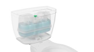 Transparent toilet tank showing a Flushmate pressure-assisted vessel inside